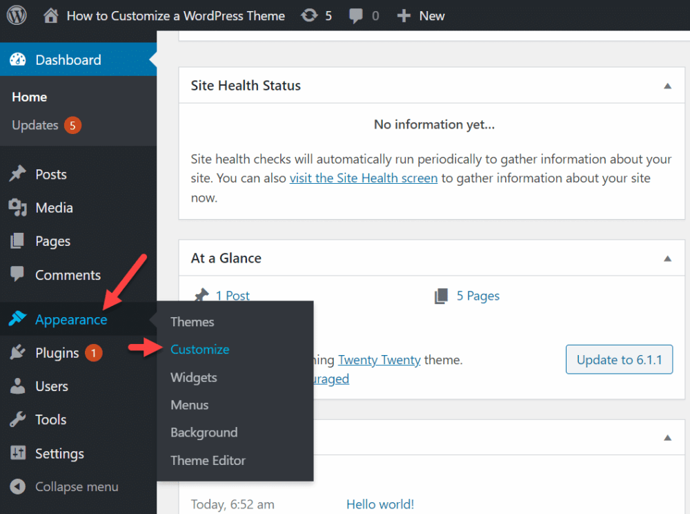 customize-theme-wordpress-1 The appearance option as shown on sidebar in the WordPress dashboard