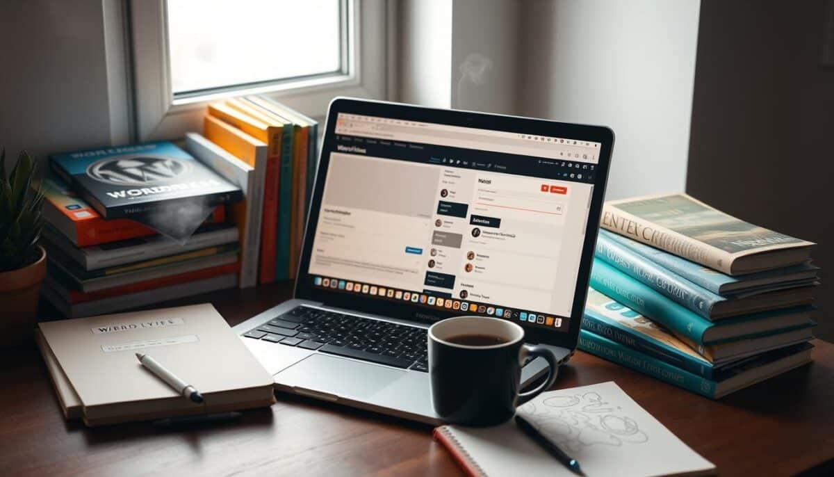 desk with a laptop that is currently displaying WordPress